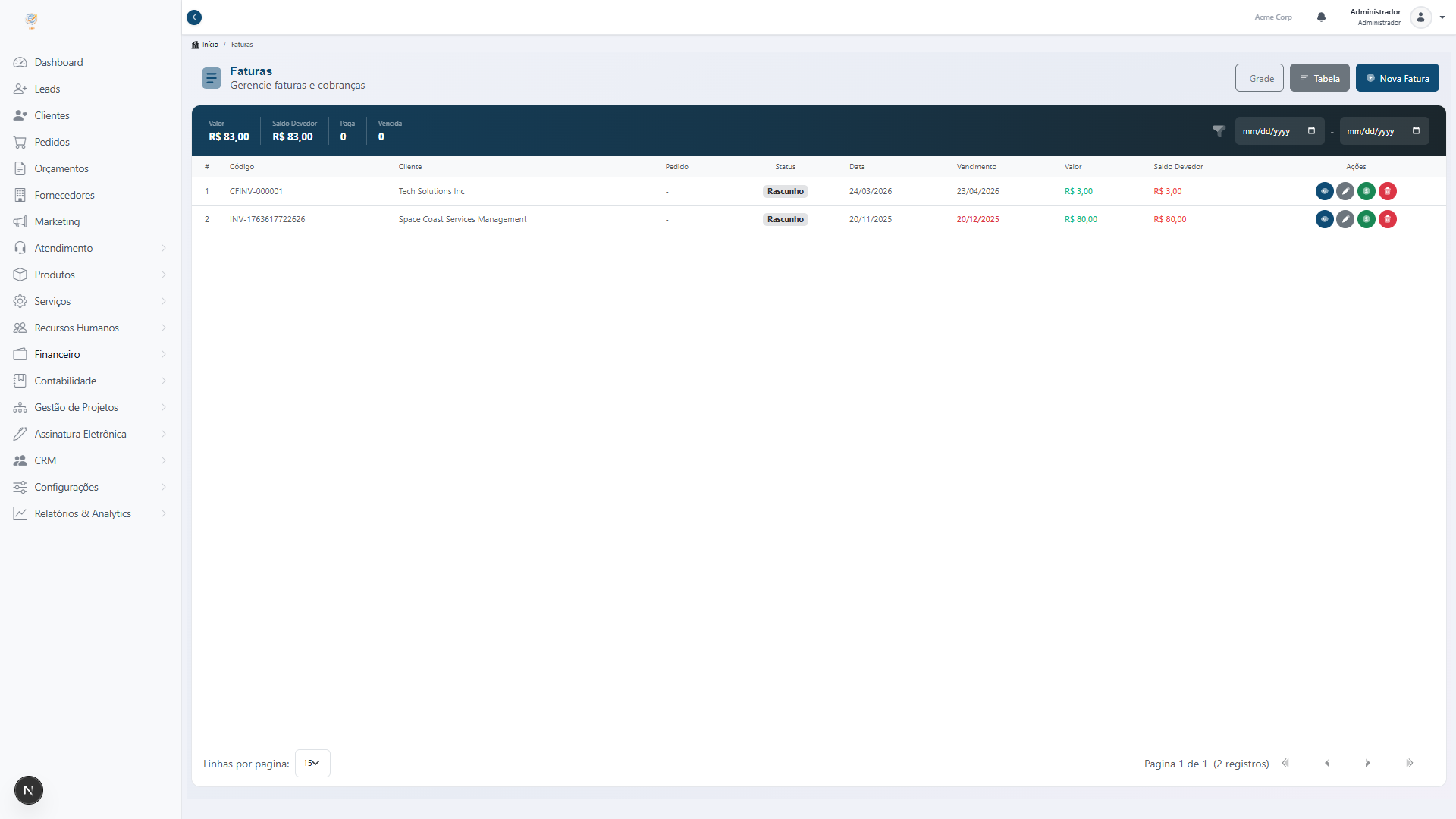 Invoices view