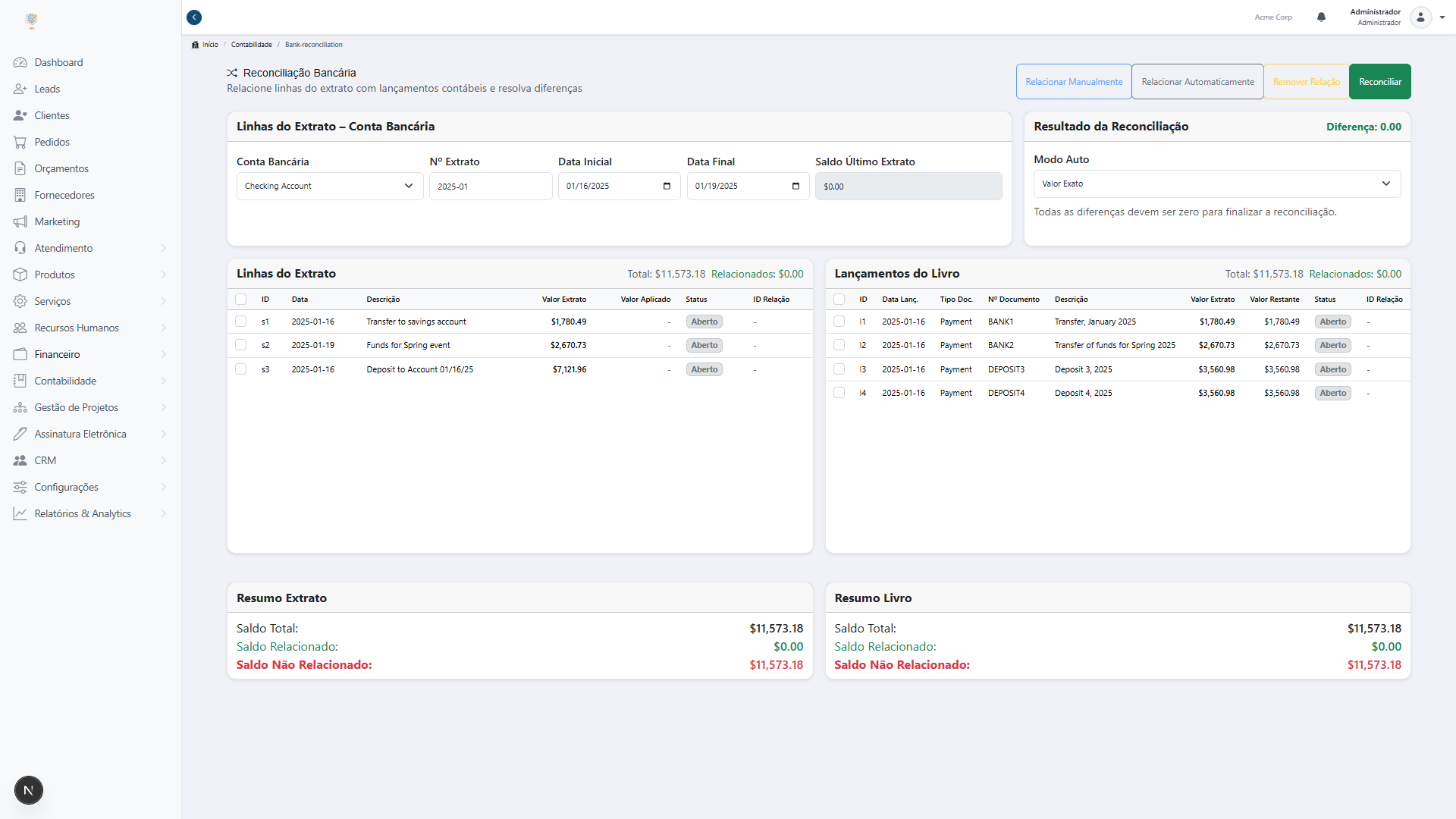 Bank Reconciliation view